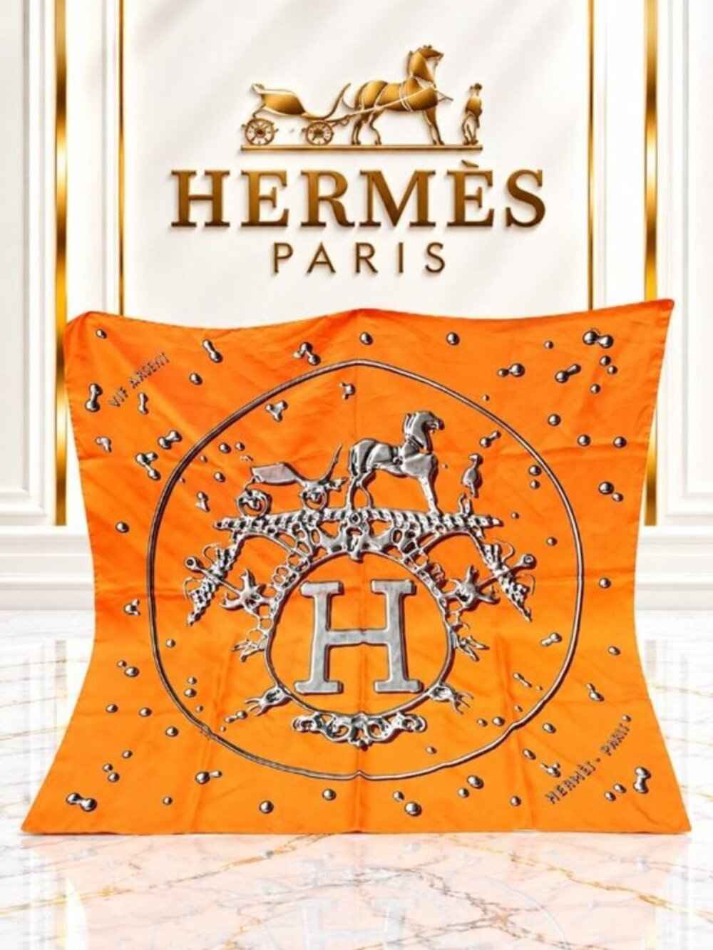 Authentic Hermès Paris Orange Silk Scarf Carré H Logo Horse Equestrian Luxury